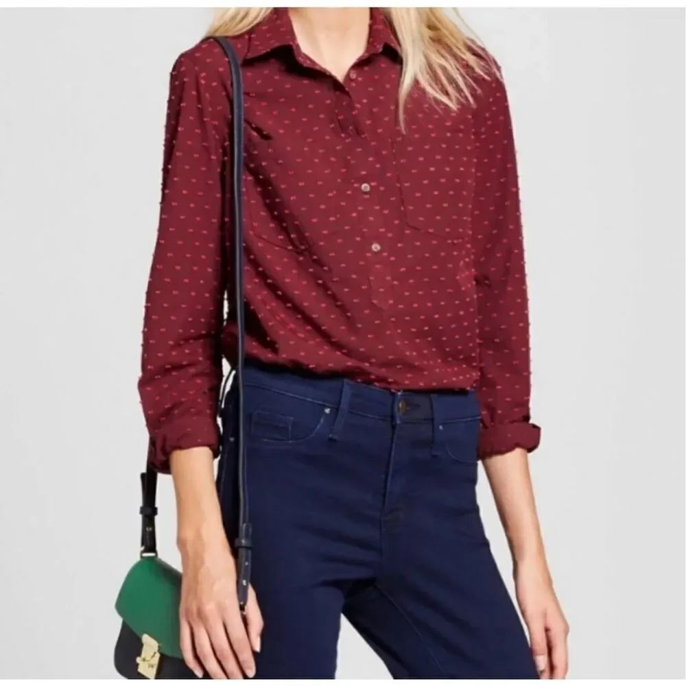 A New Day Womens Button Down Shirt Burgundy Pink Swiss Polka Dot Size M